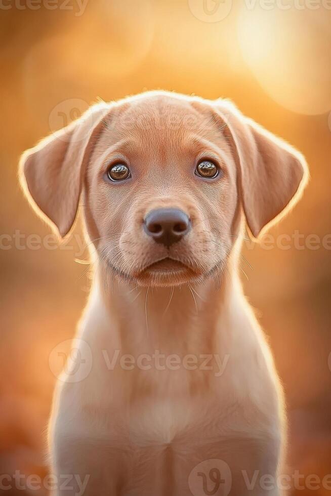 A puppy is looking up at the camera in front of a golden light photo
