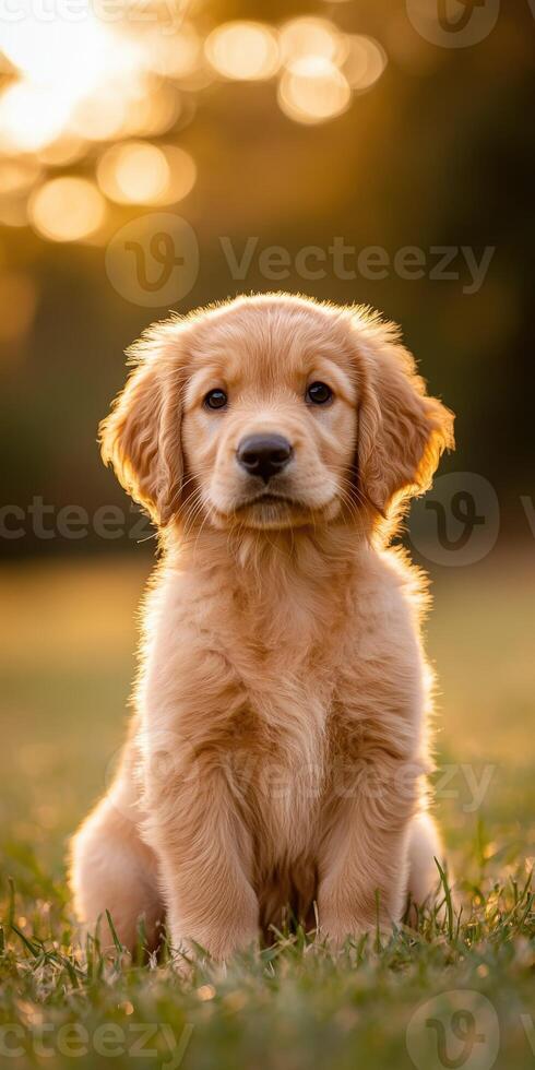 A golden retriever puppy sitting in the grass photo