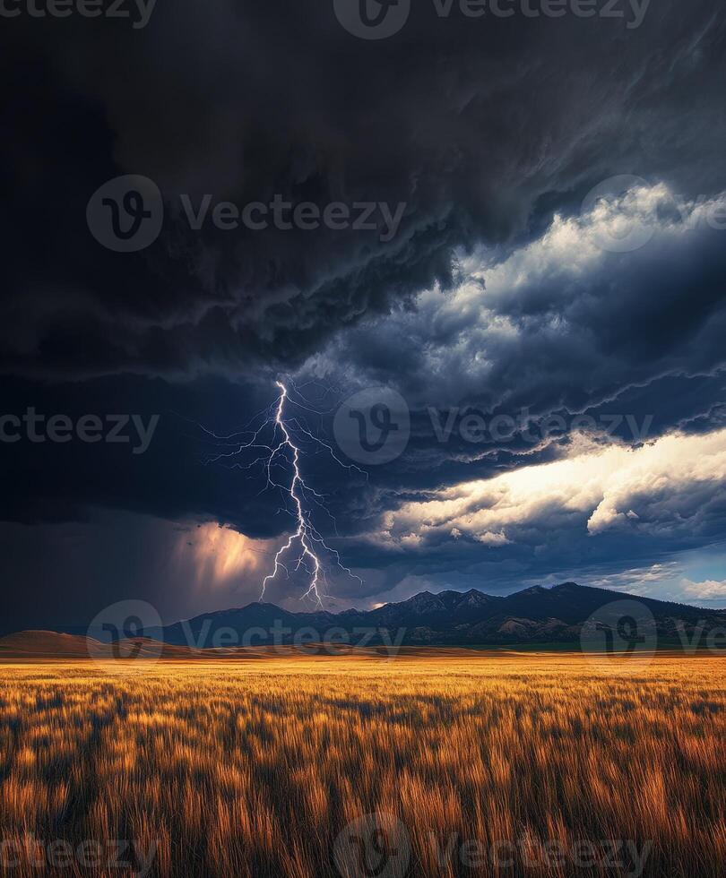 A stormy sky with lightning and a field photo