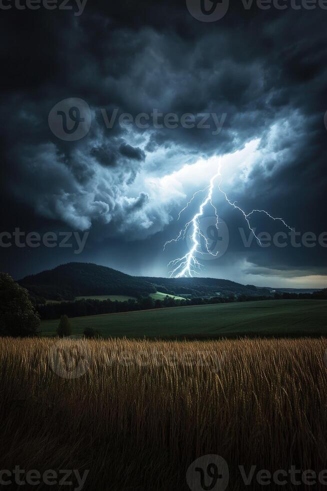 A lightning bolt strikes over a field photo