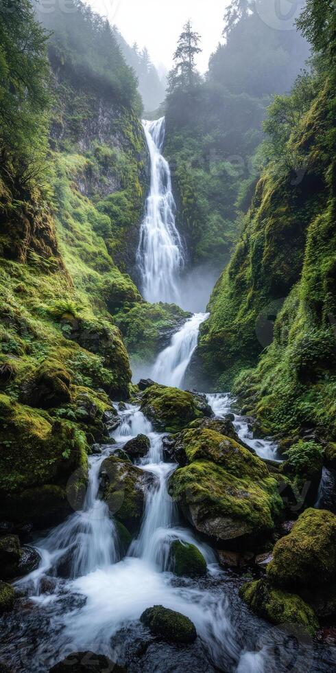 A waterfall in the middle of a forest with green moss photo