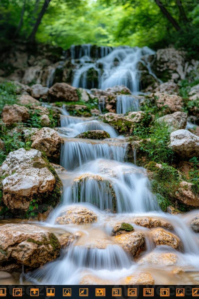 A waterfall in the woods with a green background photo