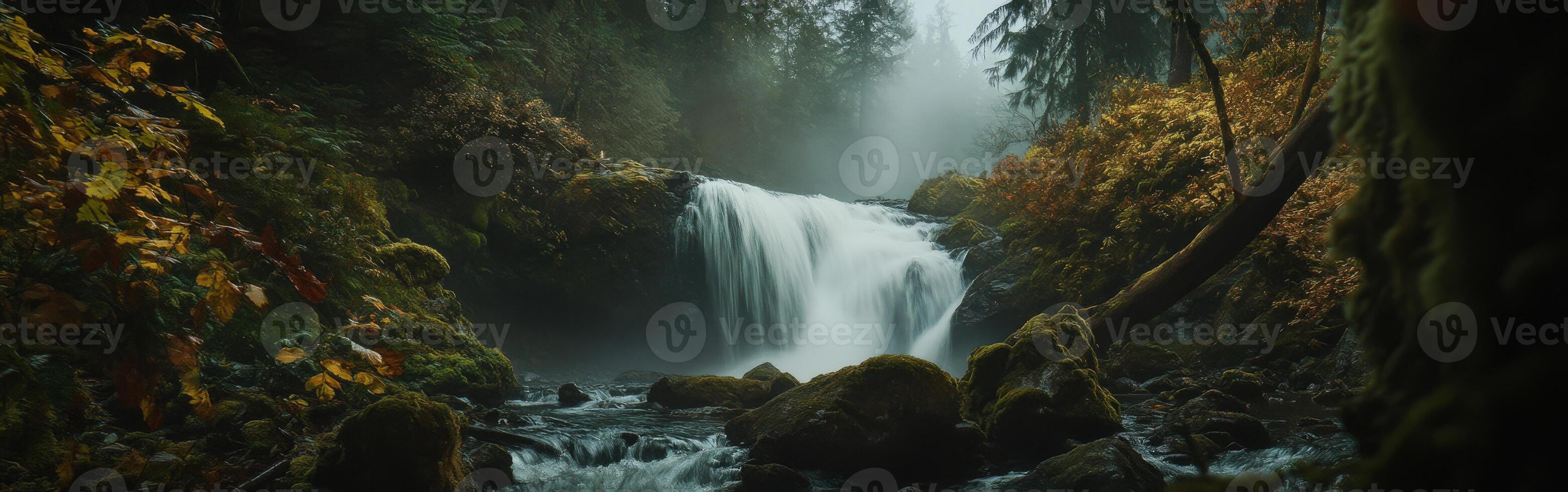 A waterfall in the forest with trees and rocks photo