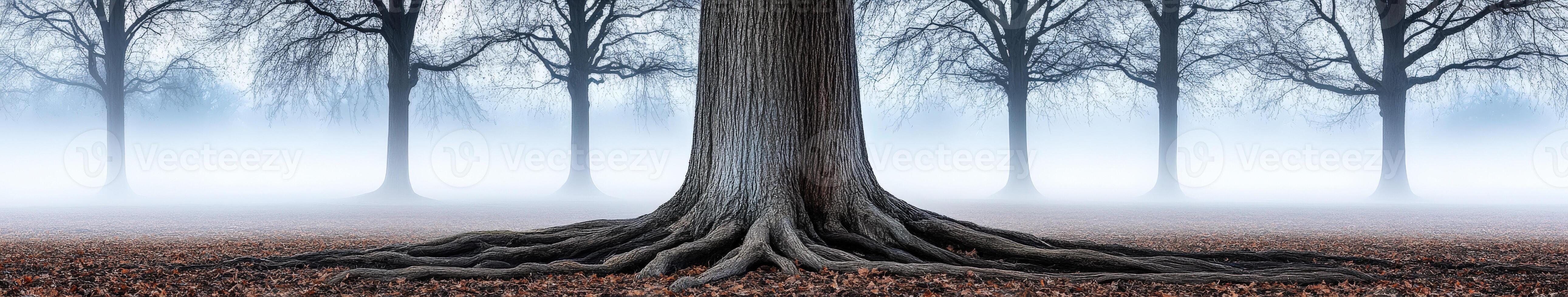 A tree with roots in the ground in a foggy forest photo