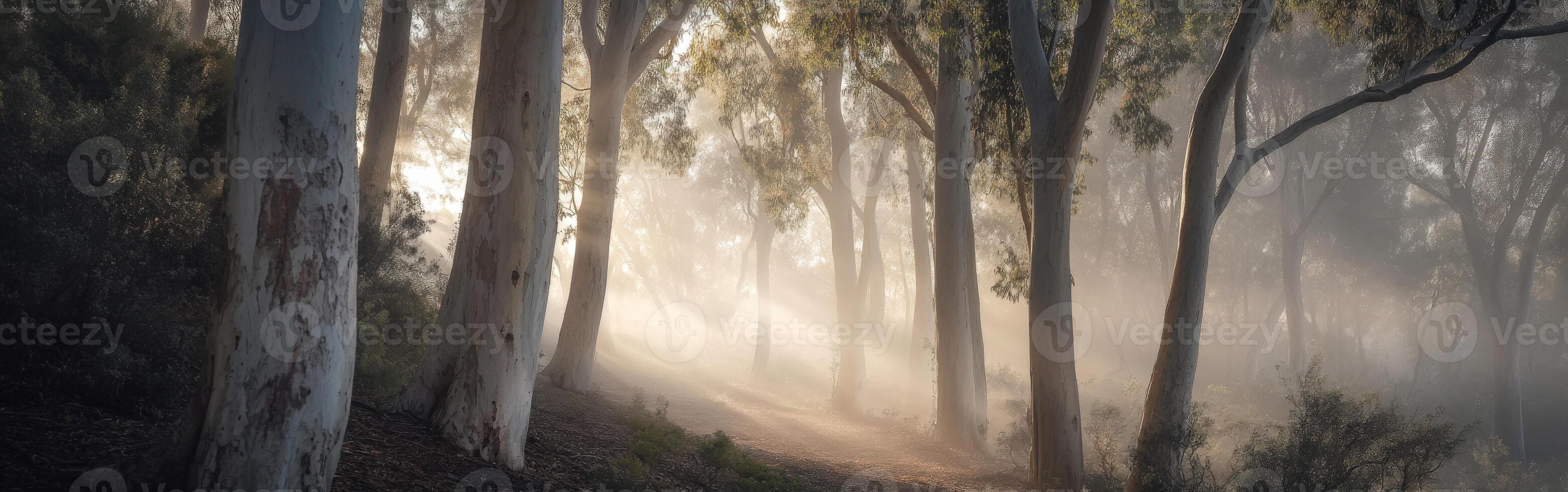 A path through the trees with sun shining through photo