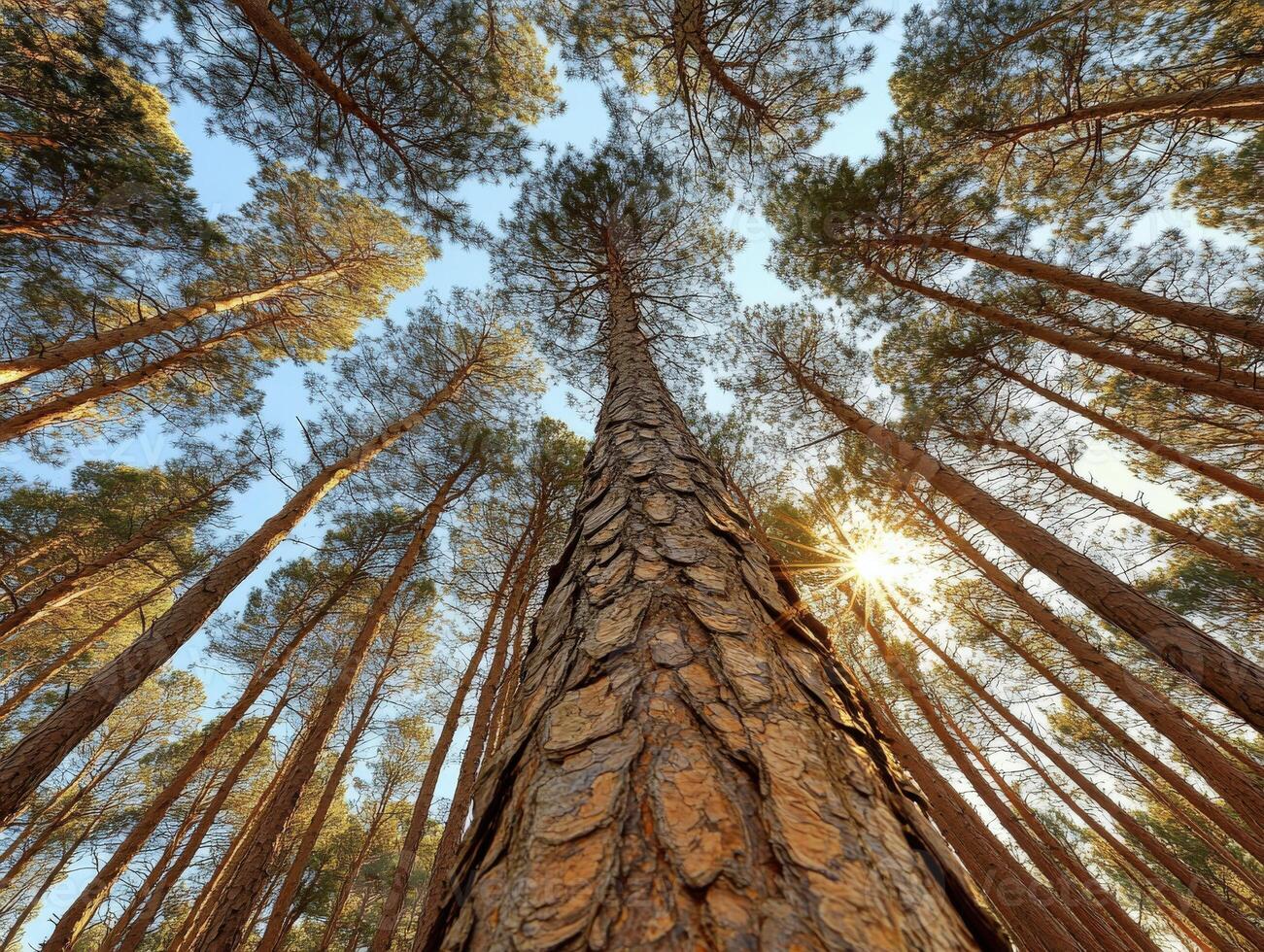 Tall pine trees in a forest with sunlight shining through photo