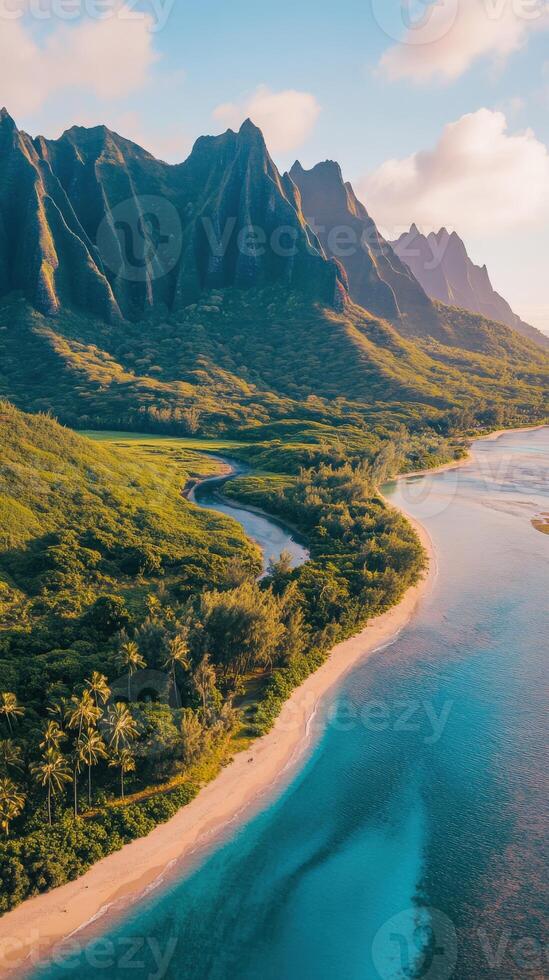 The beautiful beach and mountains of kauai island in hawaii photo