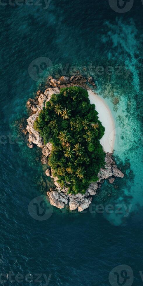 Aerial view of tropical island with white sand and palm trees in the ocean photo
