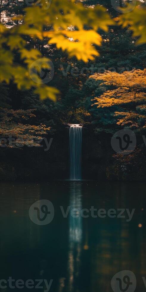 A waterfall in the middle of a forest with yellow leaves photo