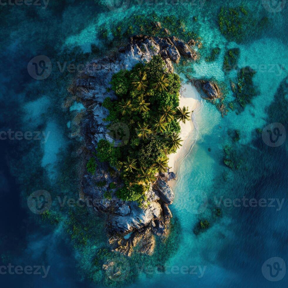 An aerial view of a tropical island with palm trees and a small beach photo