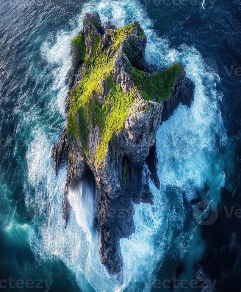 An aerial view of a green island in the ocean photo