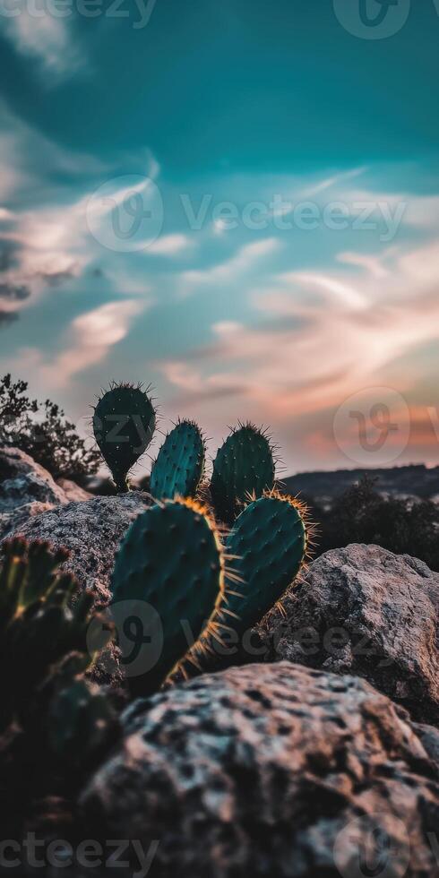 Cactus plants in the desert at sunset photo