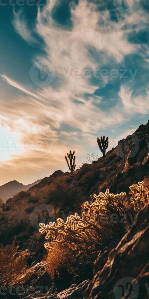 Joshua tree in the desert at sunset photo