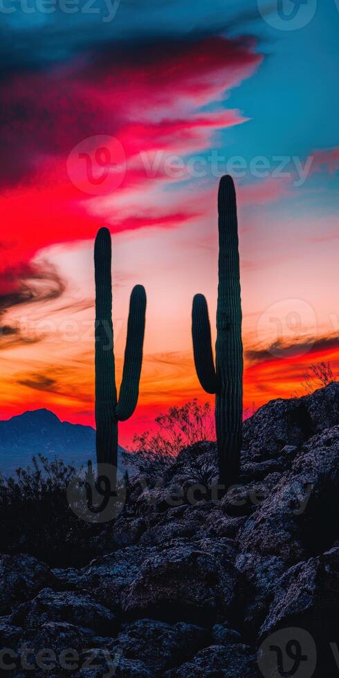 Two cactus plants are silhouetted against a colorful sunset photo