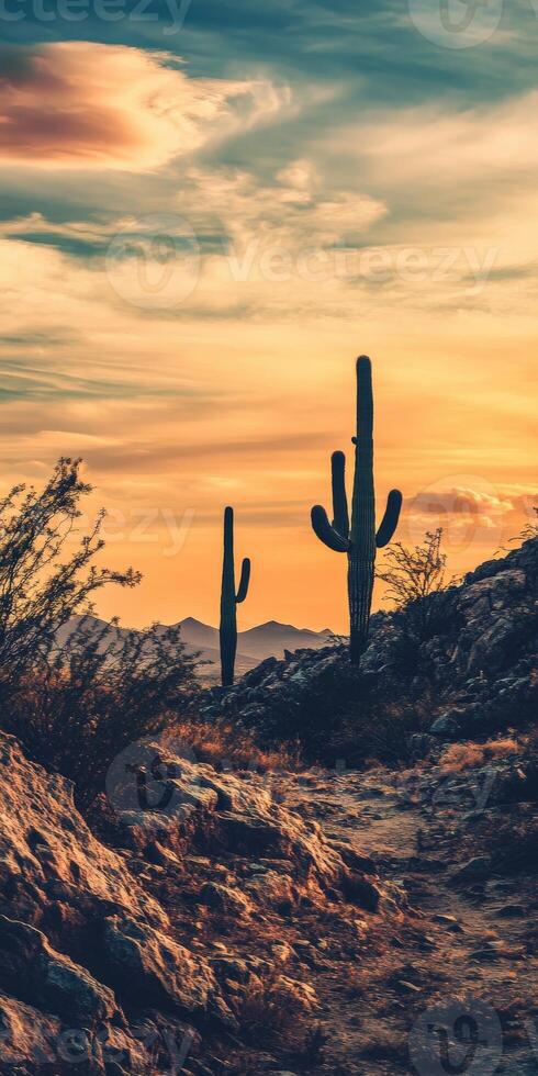 Saguaro cactus in arizona desert at sunset photo