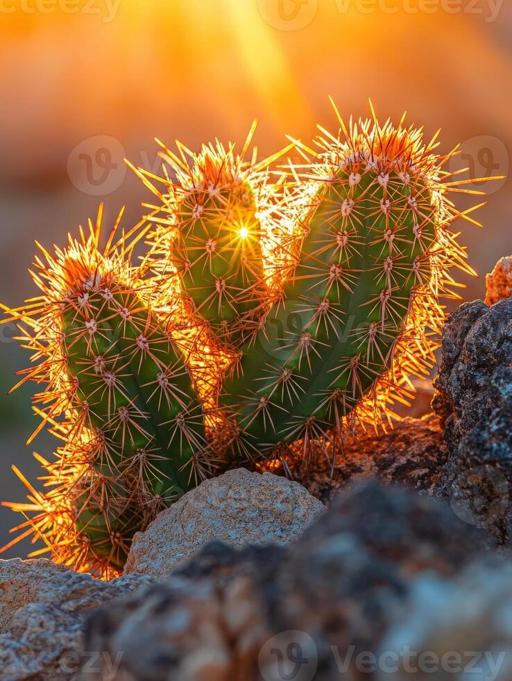 A cactus plant with the sun shining through it photo