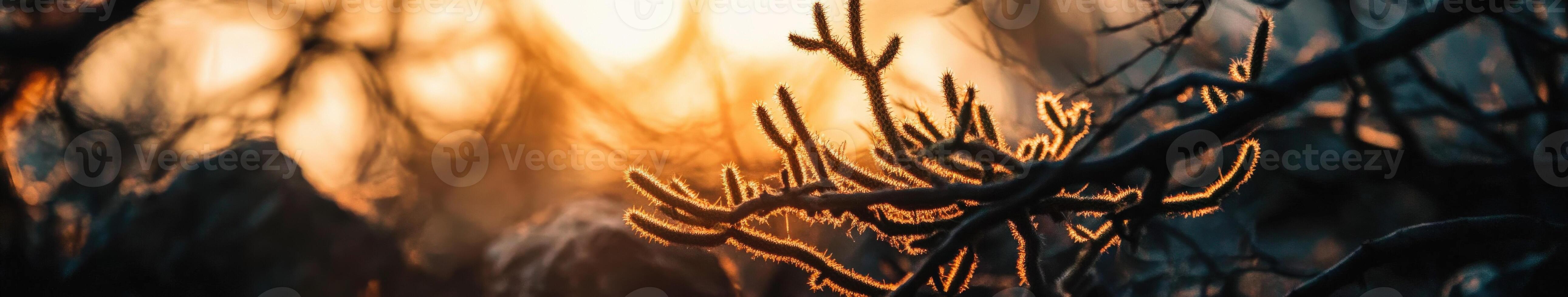 A blurry image of a tree with the sun setting behind it photo
