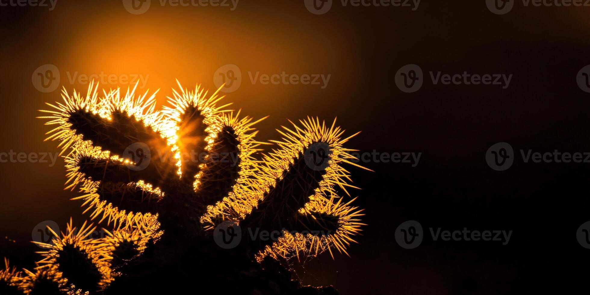 The sun shines through the cactus plant in the desert photo