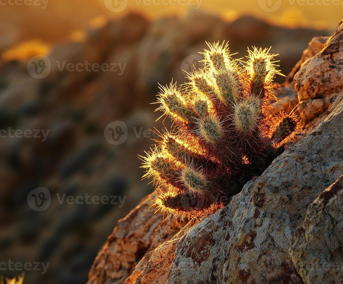 A cactus plant is growing on a rock in the desert photo