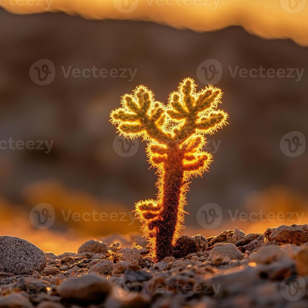 A cactus plant is growing in the desert at sunset photo