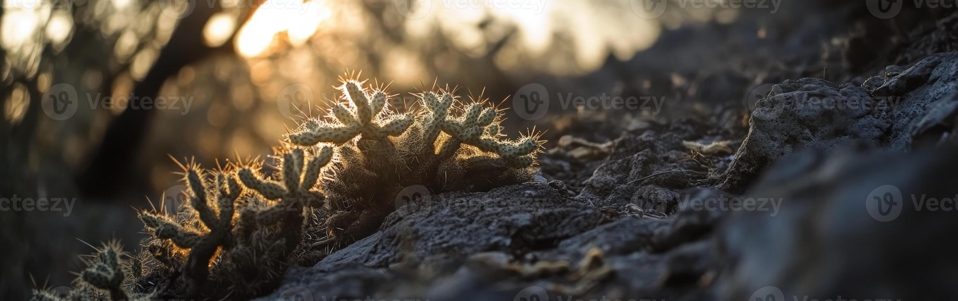 A cactus plant is growing on a rocky hillside photo