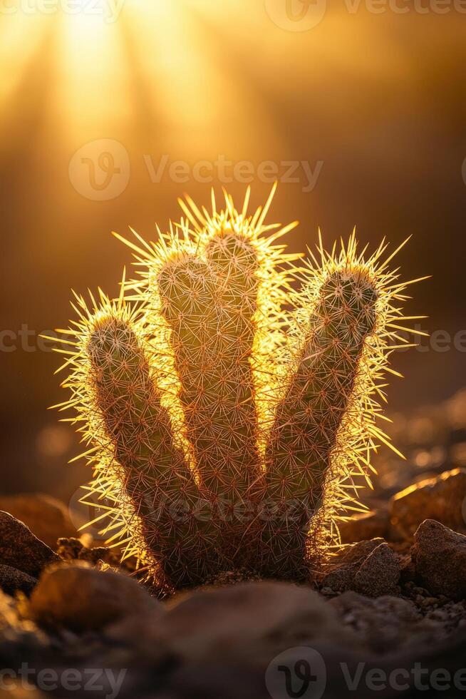 A cactus plant in the sun with the sun shining through photo