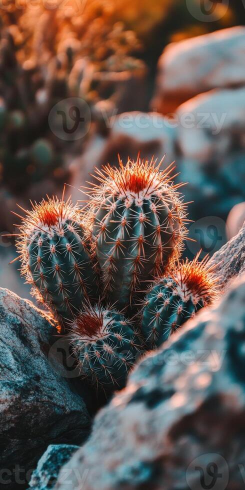 A cactus plant is sitting on top of some rocks photo
