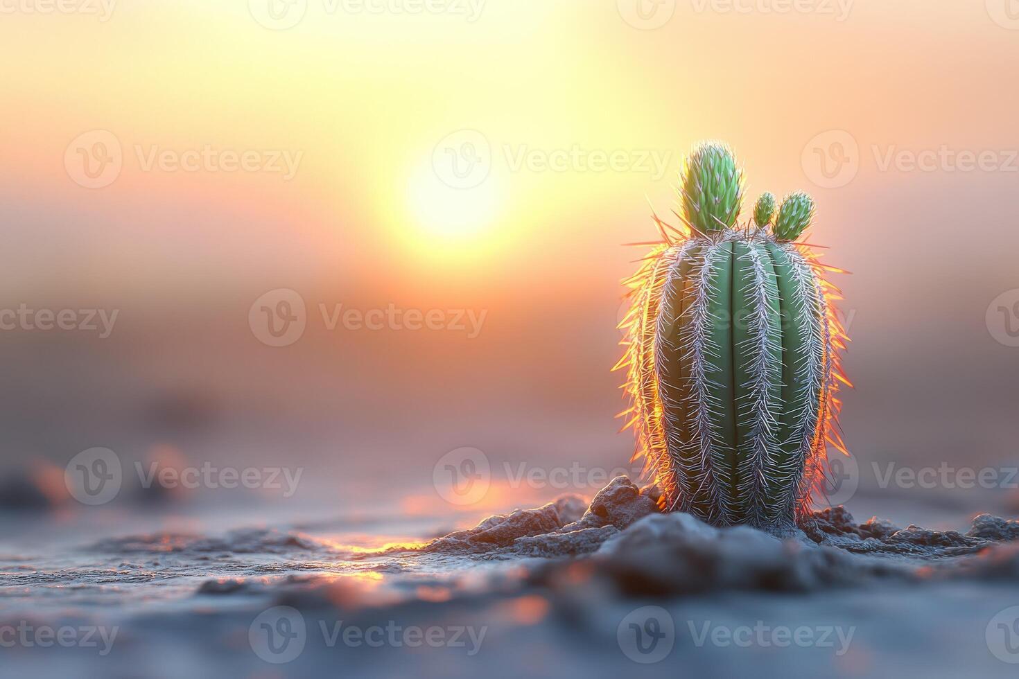 A cactus plant in the sand at sunset photo