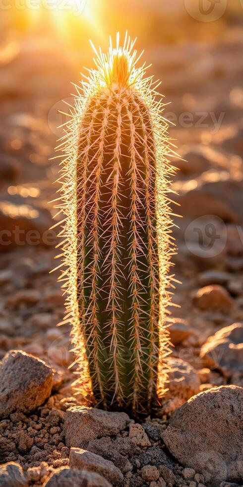 A cactus is shown in the desert at sunset photo