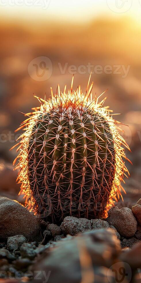 A cactus is sitting on the ground in the sun photo