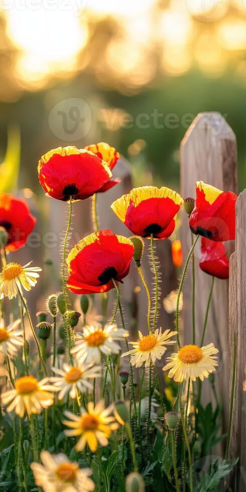 Red poppies and daisies are growing in a field photo