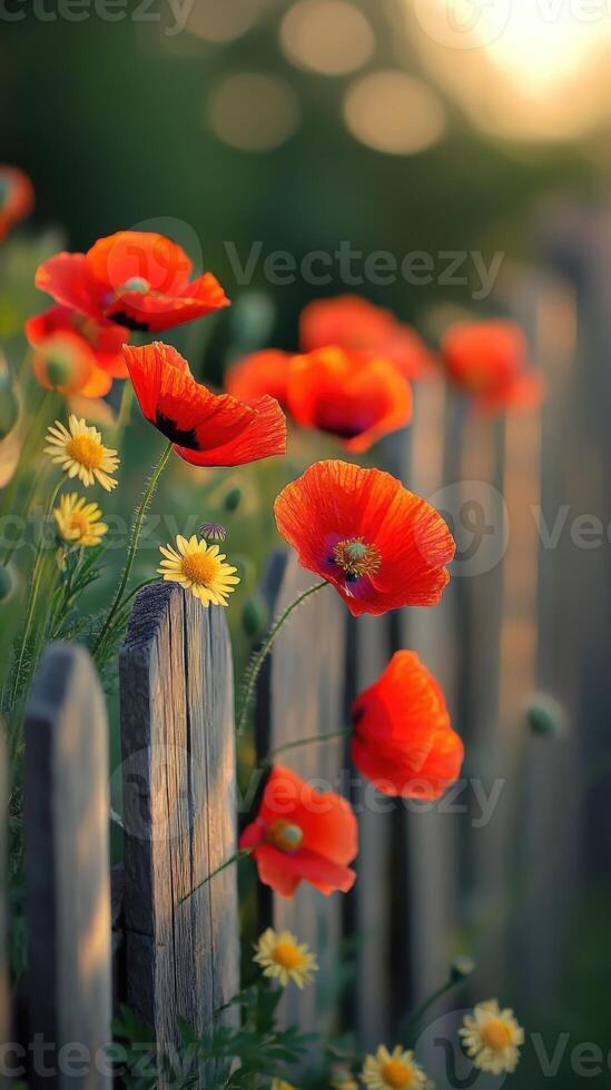Poppies and daisies on a wooden fence photo