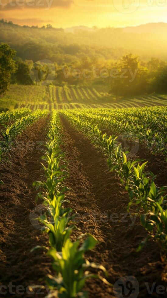 Corn field at sunset with green plants photo