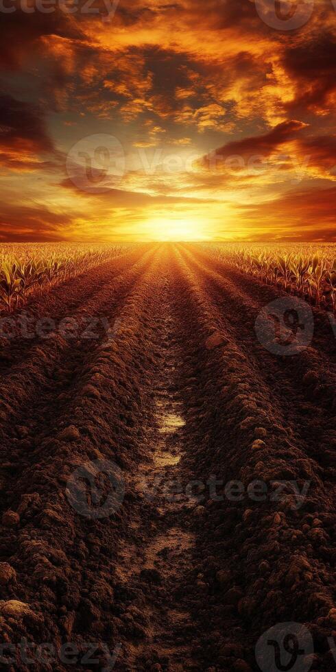 A field with dirt and sun setting over it photo