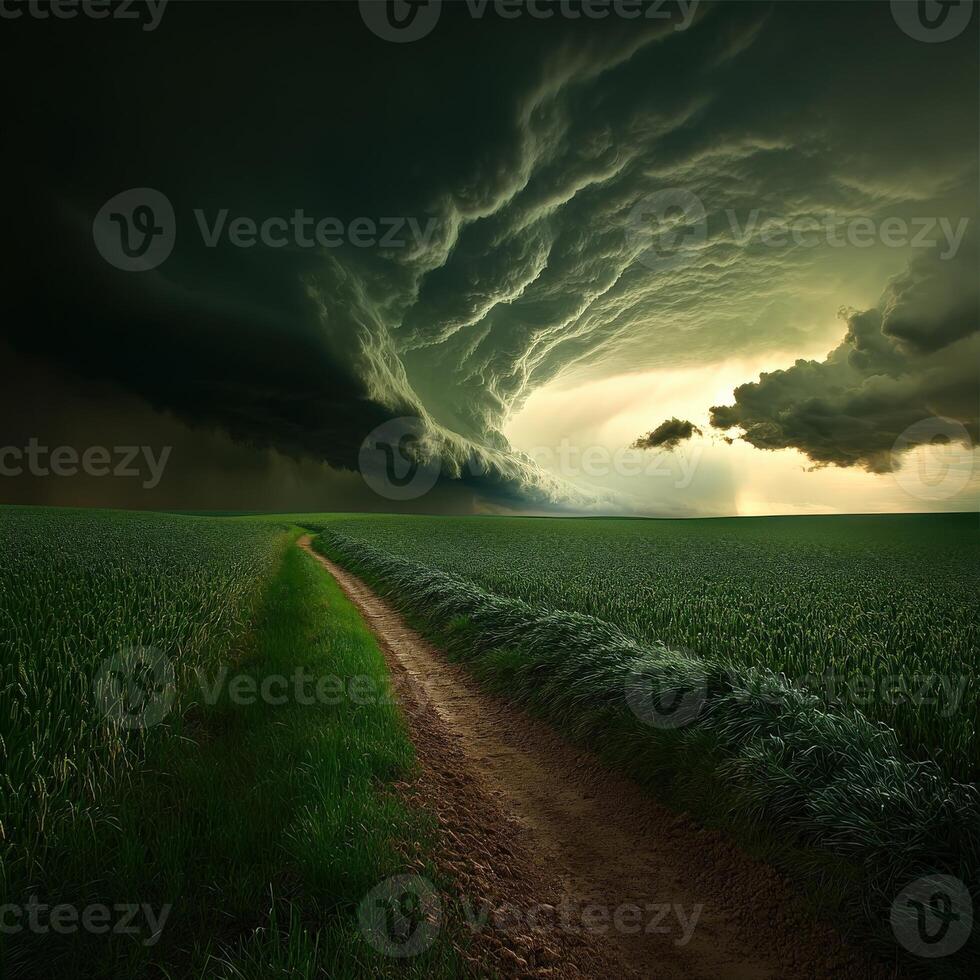 A dirt road leads to a field with a storm cloud in the background photo