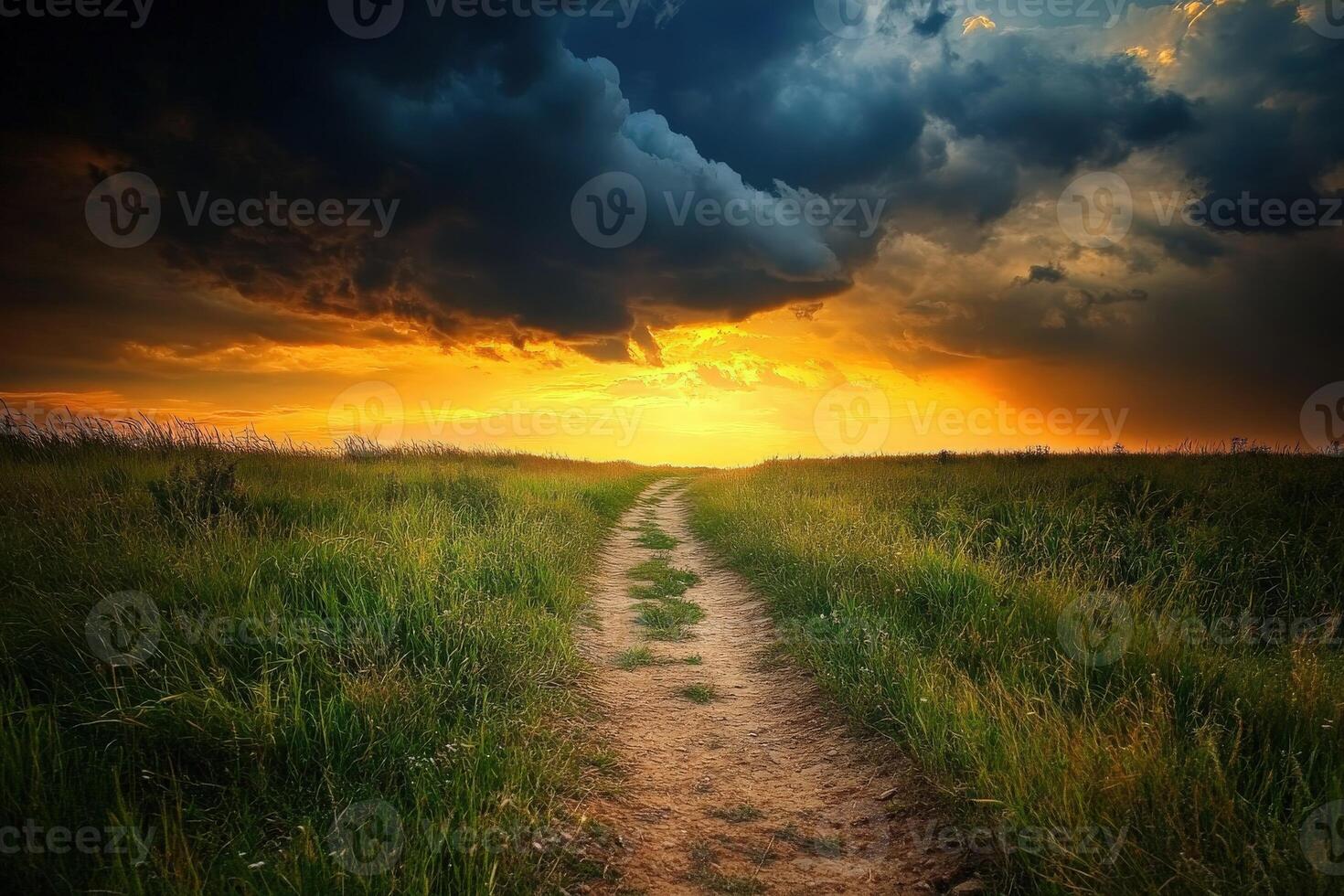Path through the field with stormy sky photo
