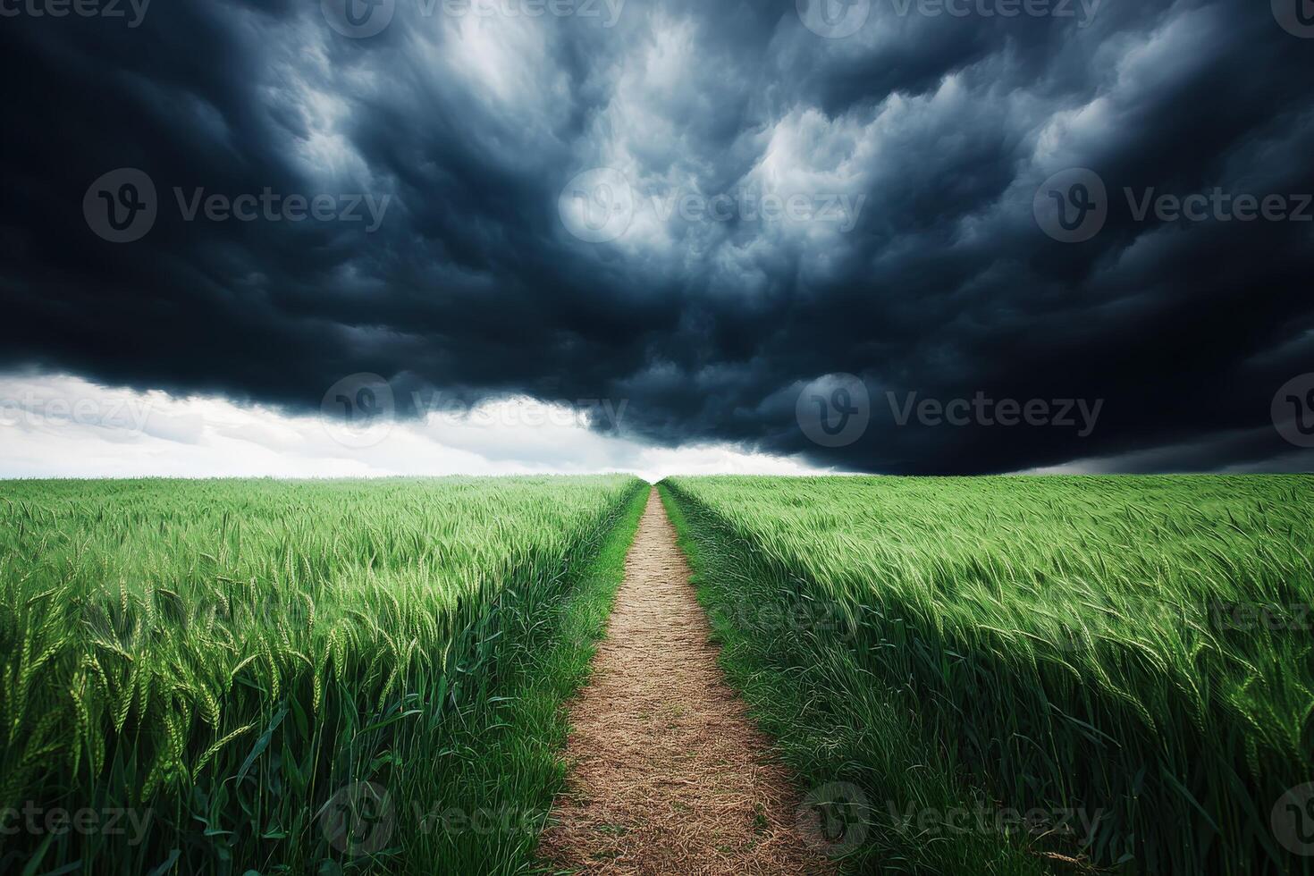 Path in a field with dark clouds and storm clouds photo