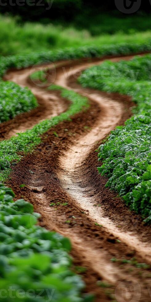 A dirt road with two tracks in the middle of a field photo