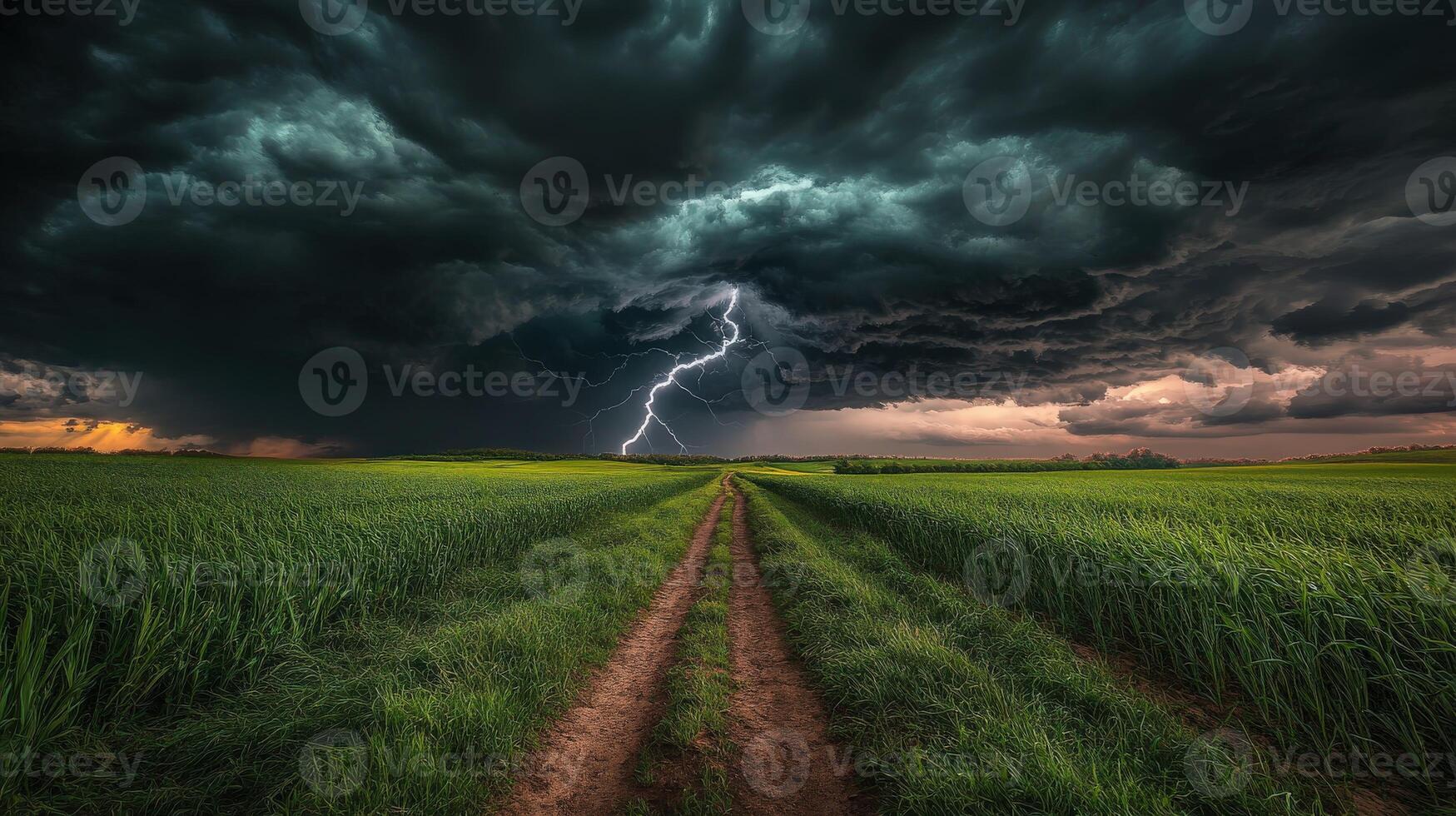 A stormy sky with lightning and a road in the middle photo