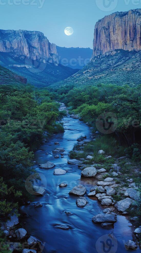 A river flowing through a canyon with rocks and trees photo