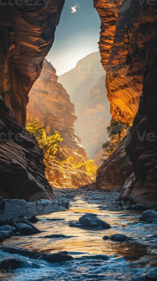 A river flows through a canyon in the desert photo