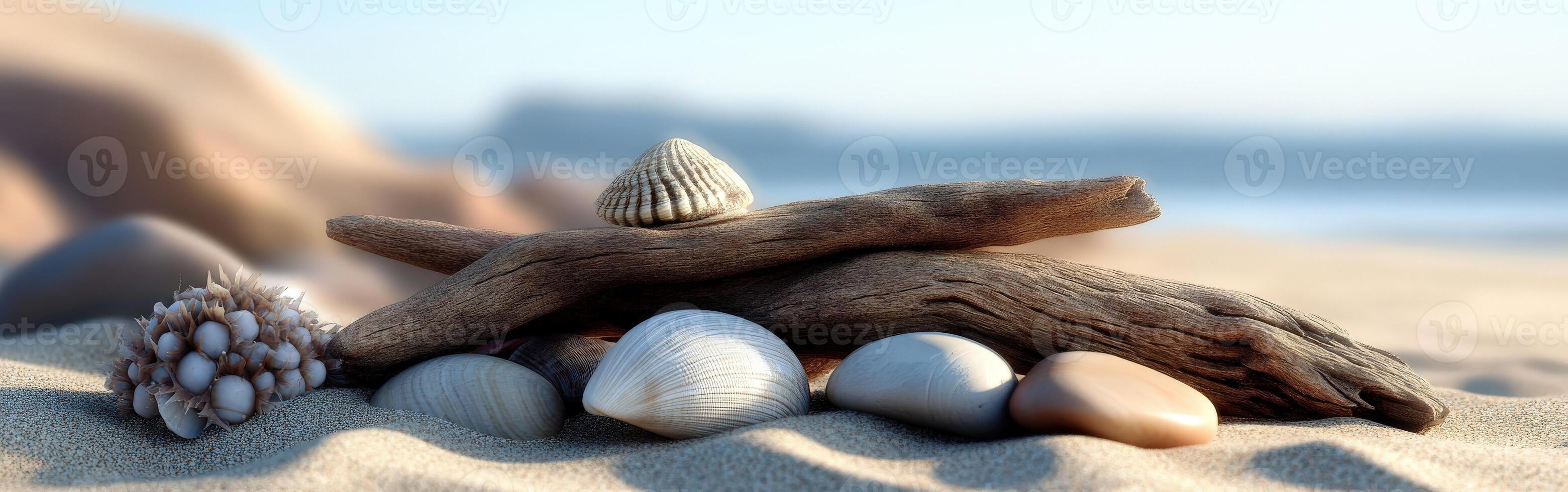 Shells and driftwood on the beach photo