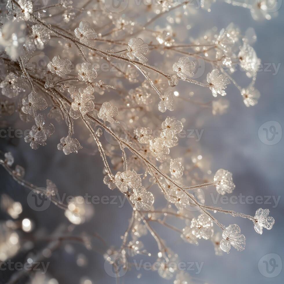 A close up of some white flowers on a branch photo