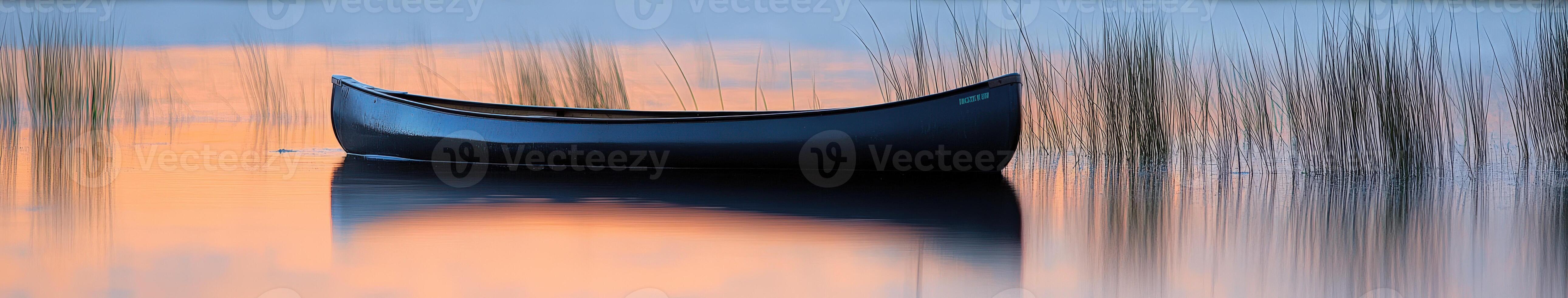 A canoe is floating in the water at sunset photo