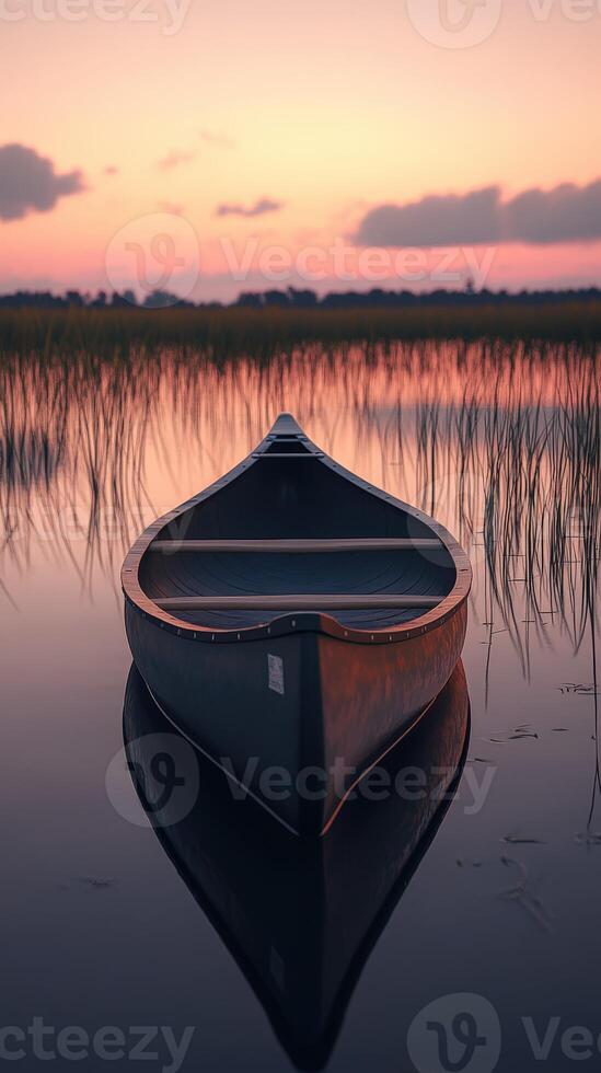 A boat floating in the water at sunset photo