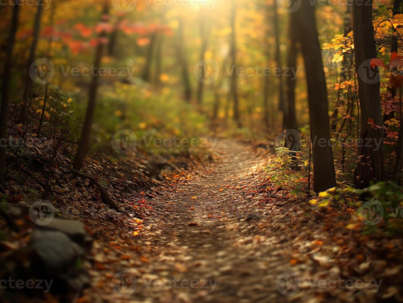 A path through the woods with trees and leaves photo