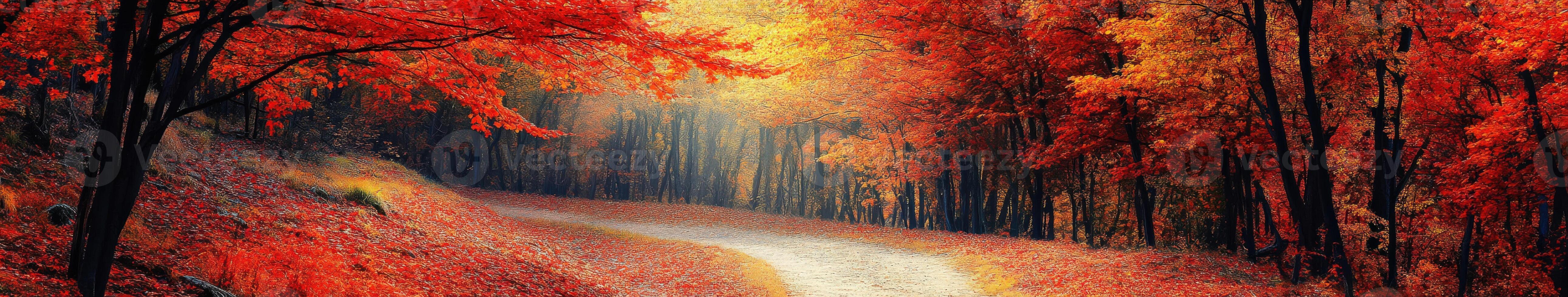 A path through the woods with red leaves photo