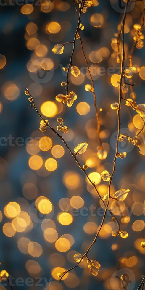 Golden light on a tree branch with water photo