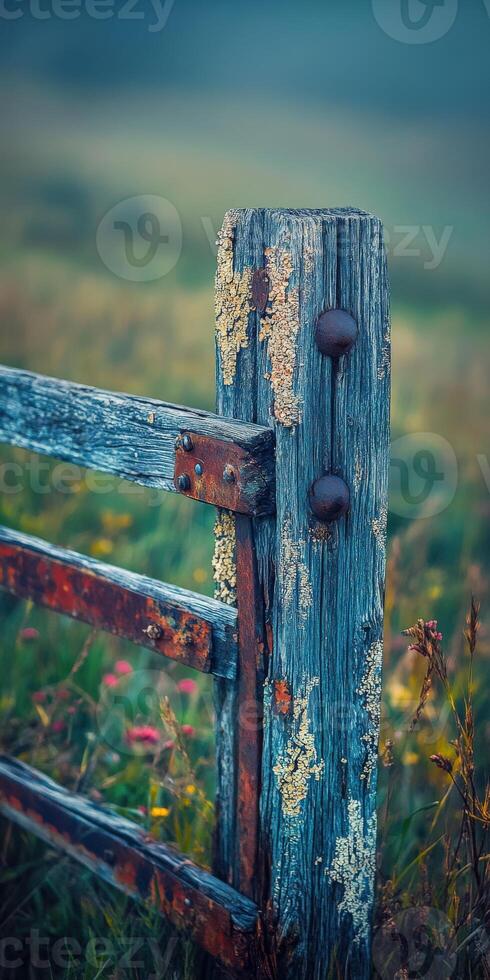 An old wooden fence with rusty metal posts photo