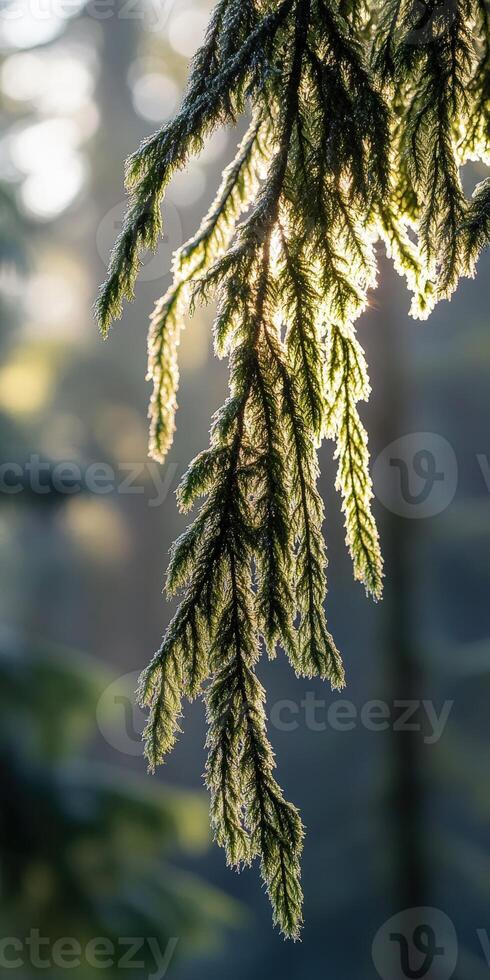 A close up of a pine tree with sunlight shining through photo